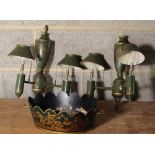 Pair of Regency style green toleware two branch wall brackets, with acorn finials W37cm H41cm, and a