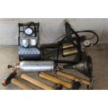 Two foot pumps, Reverie fire extinguisher with wall bracket, vintage funnel, two Thor rawhide