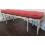 Geo.III style painted rectangular window seat, brass nail upholstered top on eight turned fluted