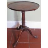 Geo.III mahogany tripod wine table, circular dished top on ring turned column support and three