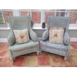 Pair of Vintage woven fibre Conservatory arm chairs, later painted, with loose cushions, (2)