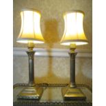 Pair of brass Corinthian column bedside table lamps, on stepped square bases, H36cm including