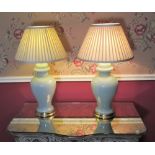Pair of Chinese style baluster table lamps, celadon style bodies on gilt metal bases with pleated