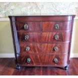 C19th bow break front mahogany chest, with reeded top above two short and three long cockbeaded