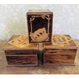 Pair of C20th four division playing card boxes, hinged tops decorated with playing cards, another