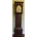 Geo.III oak long case clock, arched brass 15in dial with faux date dial, silvered Roman chapter