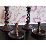 Pair of late C19th turned walnut open work barley twist candlesticks with removable brass sconces on