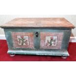 C19th Scandinavian pine rectangular blanket box decorated with panels painted with foliage and