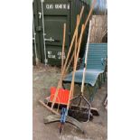Set of tools including snow shovel, large soft broom, medium soft broom, rakes, sheep shears etc. (