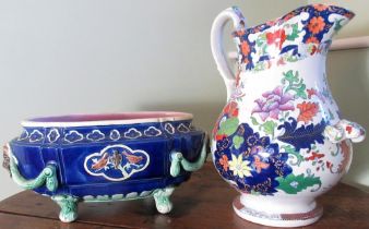 Victorian wash stand water jug, polychrome decorated in Imari style, H38cm and a Majolica style