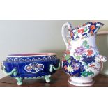 Victorian wash stand water jug, polychrome decorated in Imari style, H38cm and a Majolica style