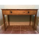 Victorian pine bow front single drawer side table on square tapered supports, W110cm D53cm H74cm