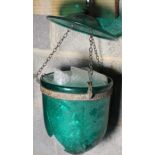 Brass mounted green glass storm lantern with shade (bowl AF), pair of two branch brass light