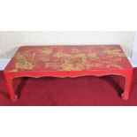 Early C20th Chinese rectangular lacquer coffee table, the top decorated with an extensive red