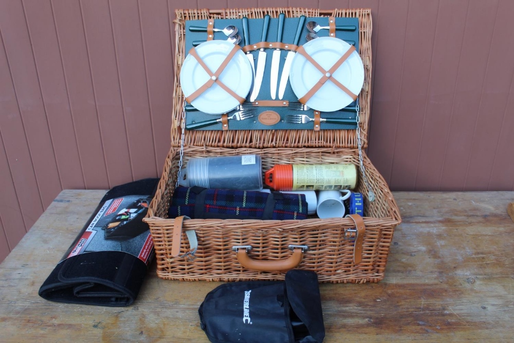 Marks & Spencer wicker picnic hamper for four including glasses, mugs (3), cutlery etc, tartan