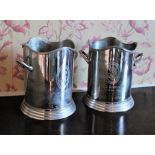 Large pair of Louis Roederer plated Champagne buckets, cylindrical bodies with shaped rims, H24cm