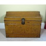 Victorian scumbled tin trunk, with stepped hinged lid, brass clasp and wrought metal carry