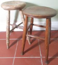 Victorian beech stool with circular elm top on four supports with stretcher, and a similar early