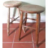 Victorian beech stool with circular elm top on four supports with stretcher, and a similar early