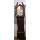 C19th Scottish oak long cased clock, arched 15in painted Roman dial with subsidiary seconds and date