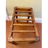 C19th oak luggage rack with slatted top on turned supports