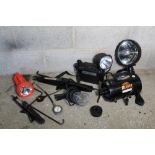 Airforce blaster car and bike dryer, two scissor jacks, three various inspection lamps and torch