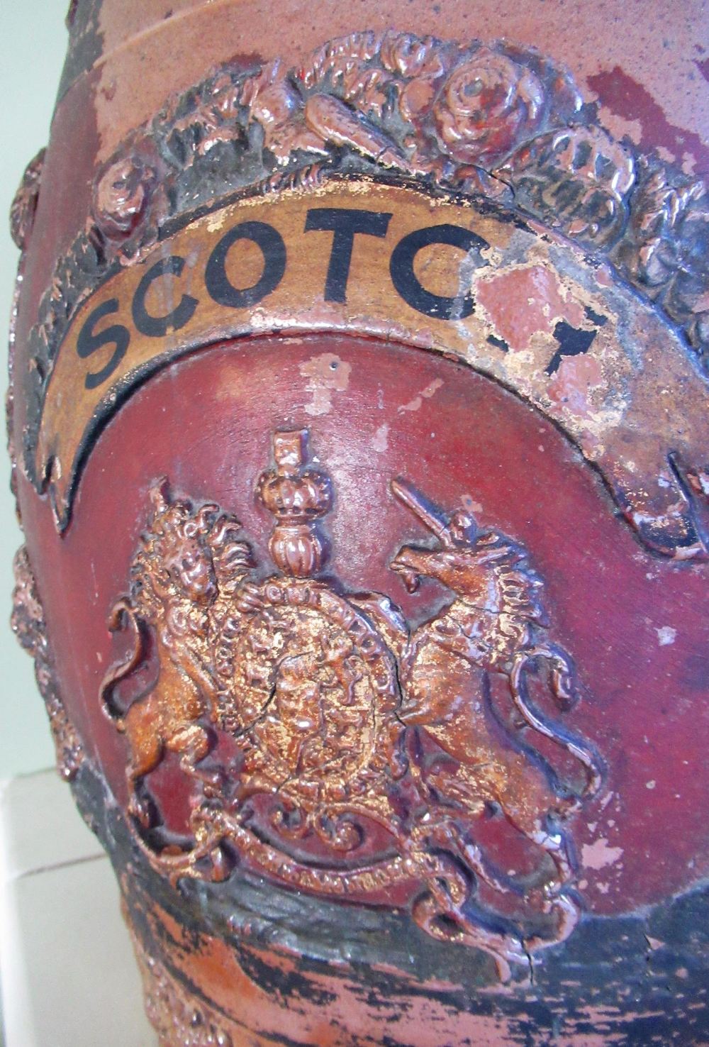 Victorian salt glazed stoneware spirit barrel, relief decorated with a hop bands, Royal crest, - Image 2 of 3