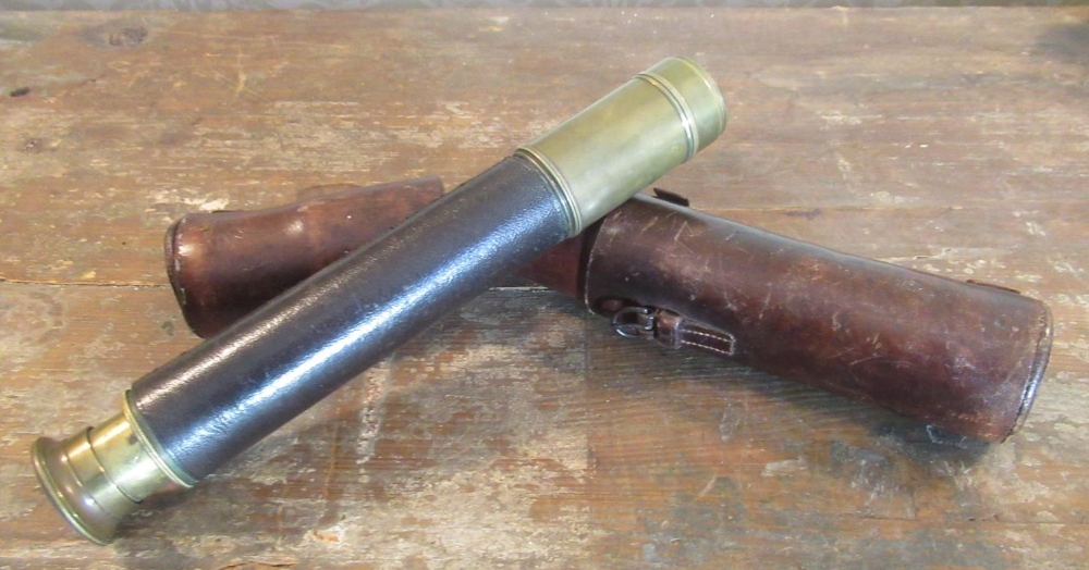 Ross of London brass and leather cased two draw telescope, stamped Ross, London 29769, with shade,