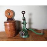 Late C19th Dutch salt box, ribbed barrel shaped body with hinged lid and draft turned hook H26cm,