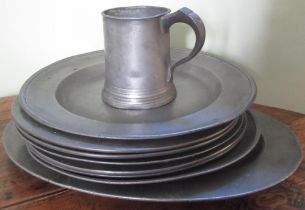 Collection of C18th/C19th pewter circular plates, the majority with London touch marks, a similar