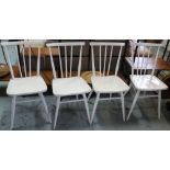 Set of four white painted mid century stick back dining chairs