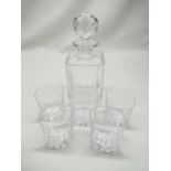 Crystal whisky decanter, set of five Sevres oval design whisky glasses
