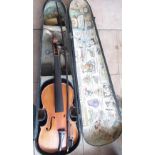 Cased violin and bow (A/F) two piece back