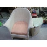 Lloyd Loom cream finish wicker arm chair with upholstered seats and a corner laundry basket (2)