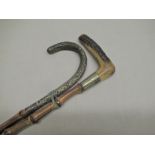 Early C20th bamboo and antler horn walking stick with silver plated mount, C20th bamboo and white