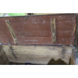 Late C19th stained pine linen box with wrought iron hinges and painted steel loop handles, W119cm