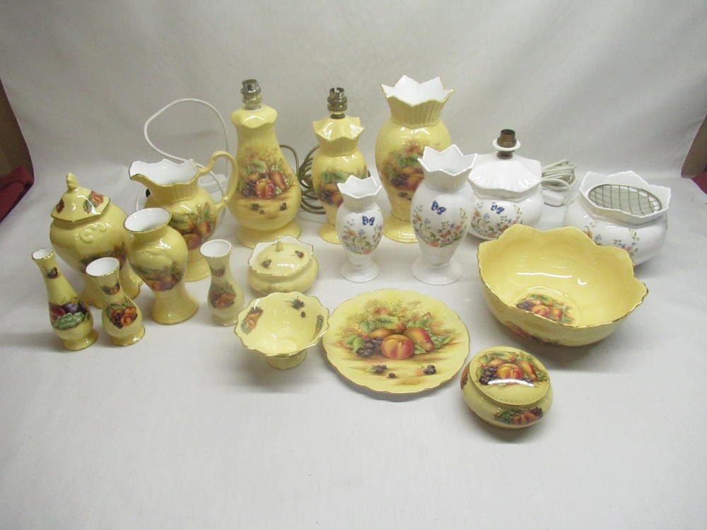 Collection of Aynsley cottage garden , Orchard gold vases, lamps, bowls, etc