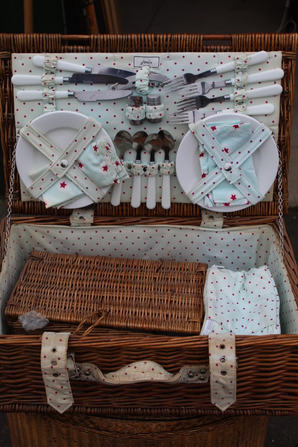 Rectangular wicker Joules picnic hamper complete with various accessories, additional wicker basket,