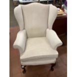 Geo.lll style wing back armchair, with out splayed arms and loose seat cushion on cabriole supports
