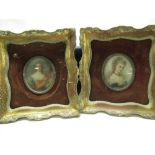 Pair of late C19th hand painted oval portraits in velvet and gilt frames, H5.5cm W7cm