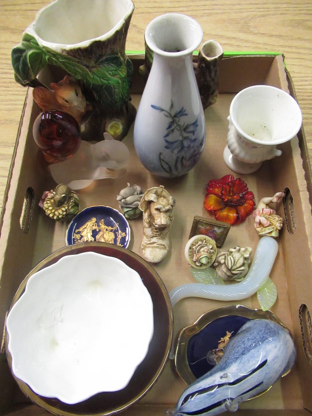 Two pieces of Hornsea forna pottery, Avondale glass badger paper weights, small Royal Copenhagen bud