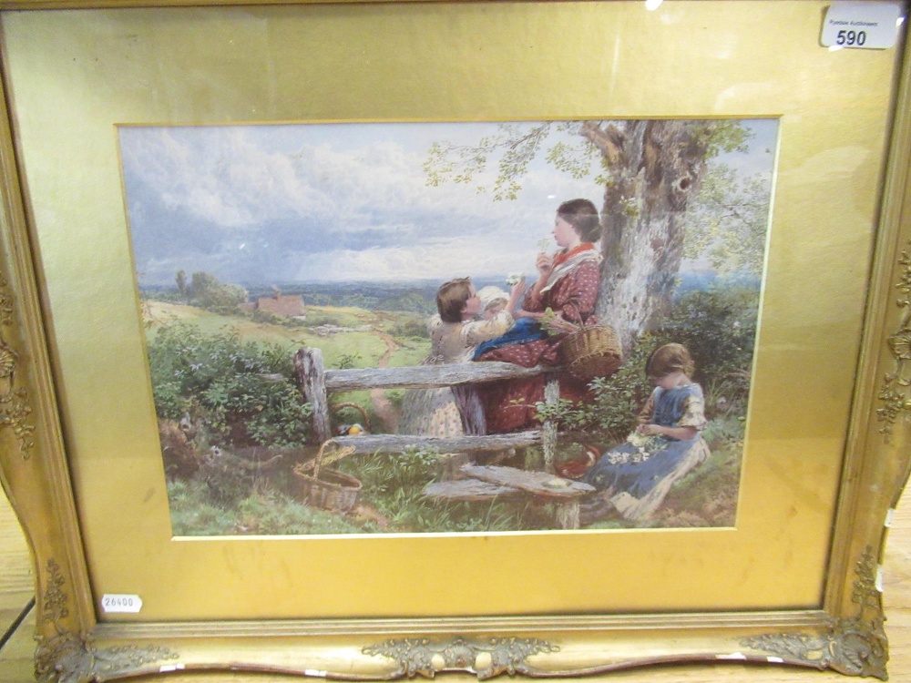 Myles Birket Foster C19th print depicting landscape scene with mother and three children in rural