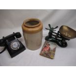 Black GPO style telephone, a stoneware jar, kitchen scales, the Secret River by Constance Evans