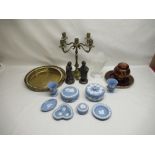 Eight pieces of Wedgwood blue Jasperware, five branch candlestick, Carltonware lidded pot and plate,