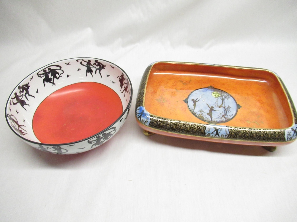 W & R Carlton Ware orange lustre fairy land bowl, with hand painted circular panel on gilt scroll
