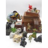 Wooden trinket boxes and a collection of elephant ornaments etc