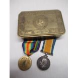WWI Great War medal 1914-1918, WWI Victory medal 1914-1919 and Princess Mary Christmas 1914 tin (
