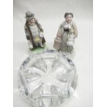 Pair of late C19th porcelain spill vases in the form of lady and gentleman and an Art glass ash tray