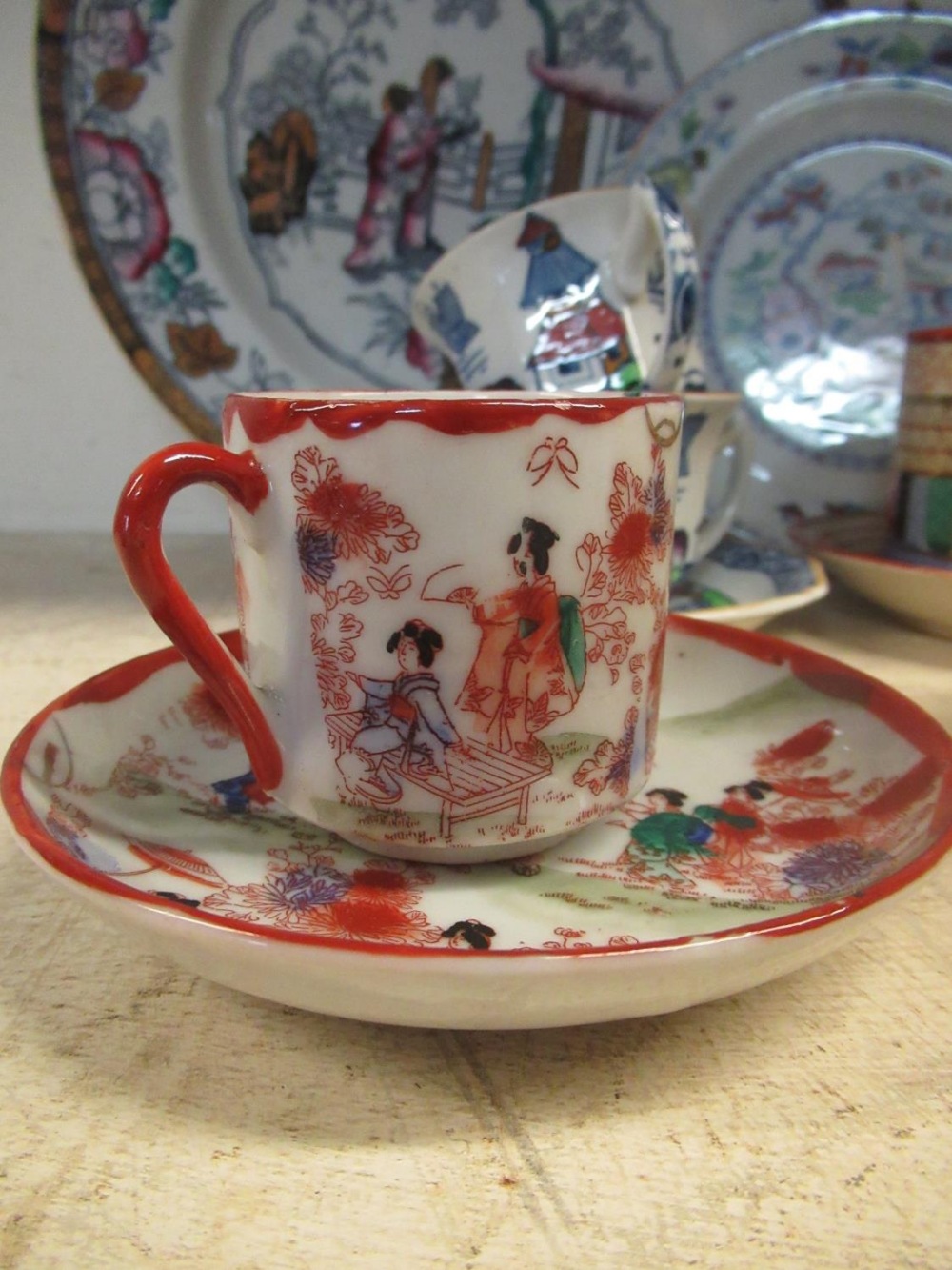 Collection of oriental hand painted teacups, saucers, vases, and plates including Chinese pattern - Image 2 of 6