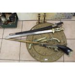 Replica cavalry sword, replica broad sword, pair of brass half cast models of flintlock pistols,